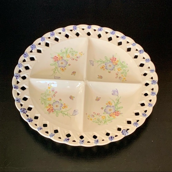 Tosho Butterly & Flower 13” Lace Border Four Section Plate Japanese Fine China - Picture 2 of 10